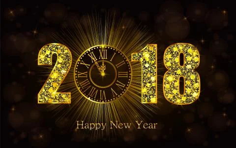 Happy New Year 2017. Vector illustration with gold clock Stock Illustration
