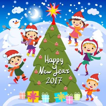 Happy New Year. 2017. Winter fun. Cheerful kids playing in the snow. Stock .. Stock Illustration