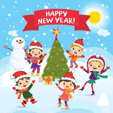 Happy New Year. 2017. Winter fun. Cheerful kids playing in the snow. Stock .. Stock Illustration