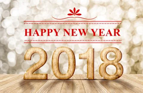 Happy new year 2018 (3d rendering)wood number in perspective room with sparkl 스톡 일러스트