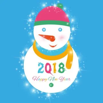 Happy new year 2018 background with snowman and snow, vector illustration. Stock Illustration
