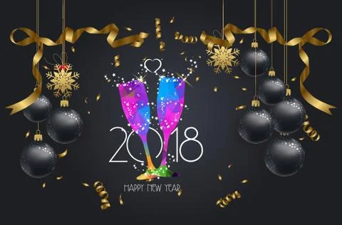 Happy new year 2018 background with christmas confetti gold and black colors  Stock Illustration