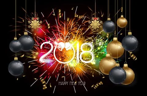 Happy new year 2018 background with christmas confetti gold and firework Stock Illustration