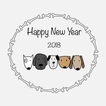 Happy New Year 2018 With Bone Frame And Cute Dog. Stock Illustration