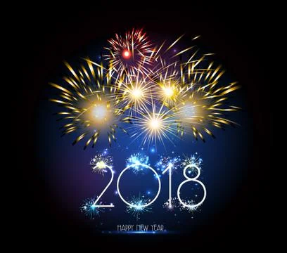 Happy New Year 2018 clock and Firework Stock Illustration