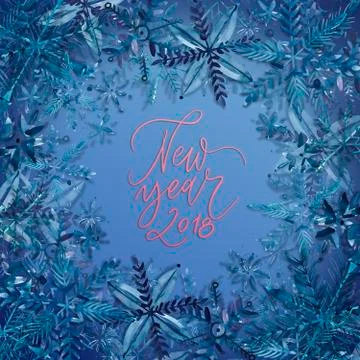 Happy New Year 2018- phrase. Christmas text on blue snowflakes background. New Stock Illustration