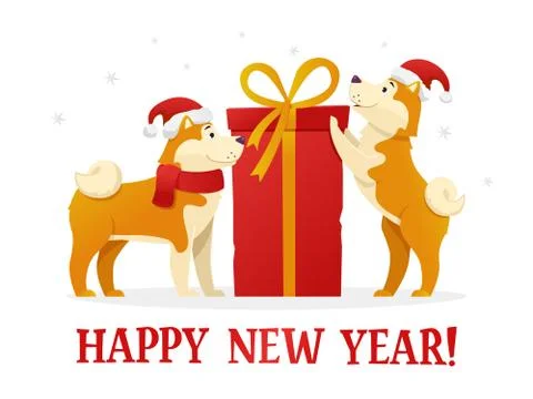 Happy New Year 2018 postcard template with two cute yellow dogs with the dig red Stock Illustration
