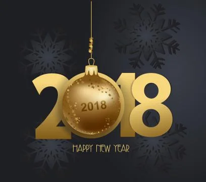 Happy new year 2018 snowflake celebration. Gold ball greeting decoration Stock Illustration