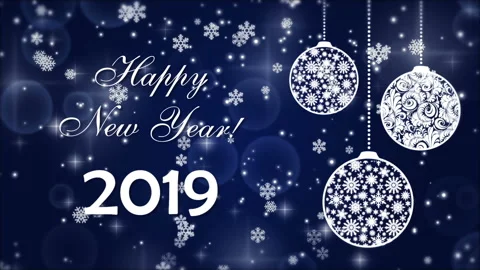 Happy New Year 2019 with falling snowflakes and Christmas tree balls Stock Footage 94554213