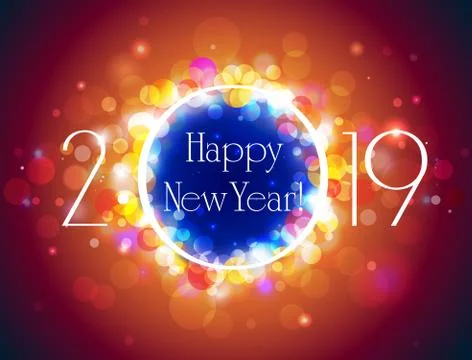 Happy new year 2019 orange blue greeting card, vector bokeh background Illustrazione stock