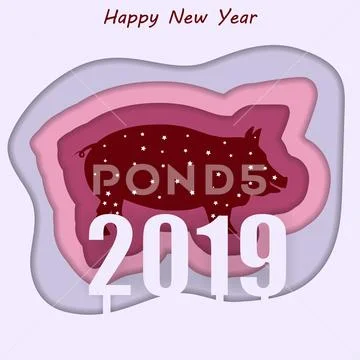 Happy new year 2019 Zodiac sign with paper cut art Pig Vector Stock Illustration
