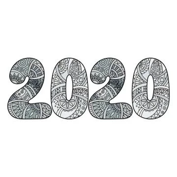 Happy New Year 2020 celebration number. Vector Xmas illustration in zentangle Stock Illustration