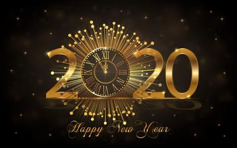 Happy New Year 2020. Vector illustration with gold clock Stock Illustration