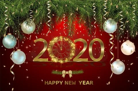 Happy New Year 2020. Vector illustration with gold clock Stock Illustration