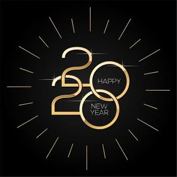 Happy new year 2020 vector, square minimalistic template with gold text on bl Stock Illustration