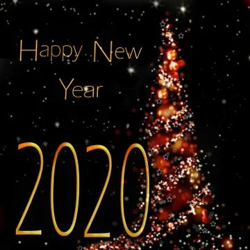 Happy new year 2020 written on abstract christmas tree on black background Stock Illustration