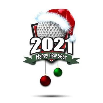Happy new year 2021 and golf ball in santa hat Stock Illustration
