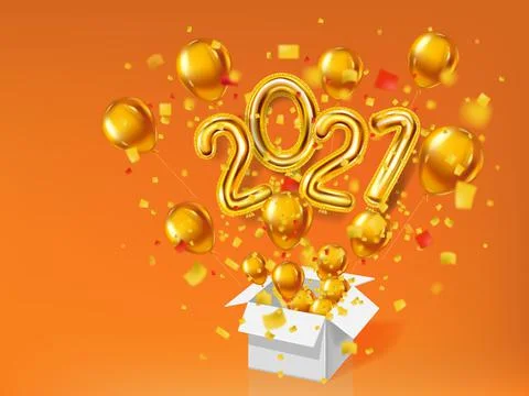 Happy New Year 2021 background. Gold realistic 3d balloons foil metallic numbers Stock Illustration