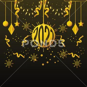 Happy new year 2021 golden ball stars confetti lights snowflakes decoration Stock Illustration