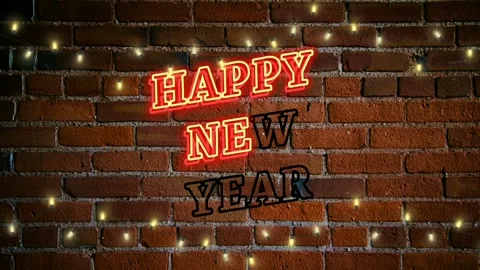 Happy new year 2021 neon sign text animation on brick wall Stock Footage
