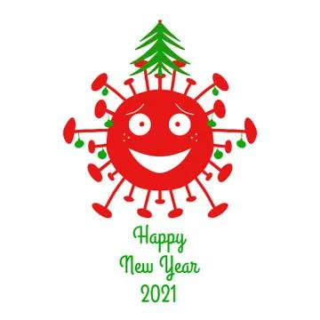 Happy New Year 2021. Red cartoon coronavirus bacteria with green christmas ba Stock Illustration