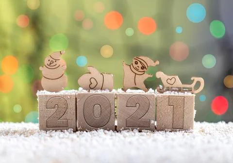 Happy new year 2021. Wooden cubes with numbers. Year of the bull. Stock Photos