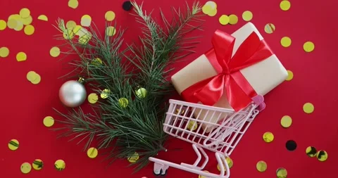 Happy new year 2022 background. Word december, fir branch and wrapped gift box Stock Footage 165230086