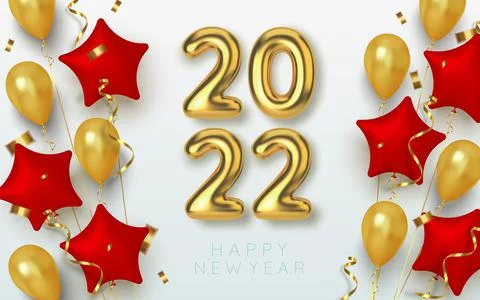 Happy New Year 2022. Background realistic golden text and stars of golden and Stock Illustration