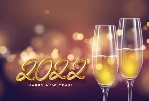 Happy new year 2022 illustration with golden realistic number 2022, glasses of Illustrazione stock