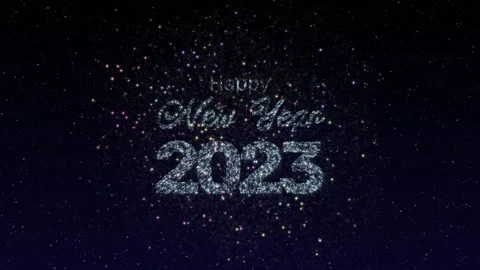 Happy New Year 2023 text animation sparkling with festive fireworks on a star Stock Footage 221961572