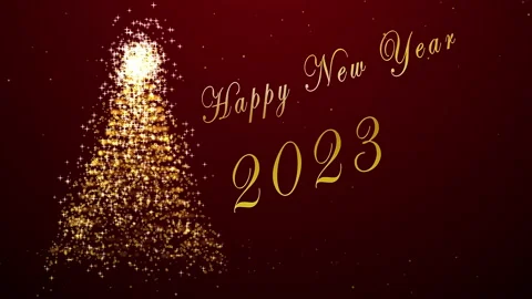 Happy New Year 2023 text on Christmas tree card with snowfall on red Background Stock Footage 224625633