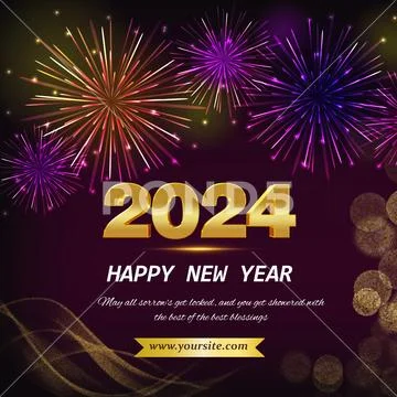 Happy new year 2024 with colorful fireworks celebration design PSD Template