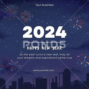Happy new year 2024 festive banner with fireworks over a city Template PSD