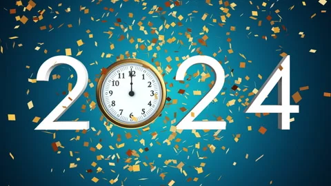 Happy new year 2024 replacing 2023 with Clock and Confetti Stock Footage 258554712