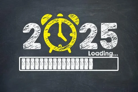 Happy New Year 2025 countdown with progress bar on blackboard background Stock Illustration