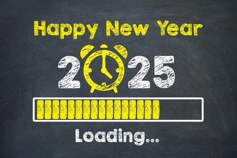 Happy New Year 2025 countdown with progress bar on blackboard background Stock Illustration