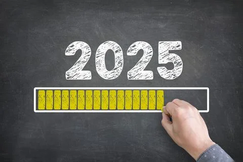 Happy New Year 2025 countdown with loading bar on chalkboard background Stock Photos