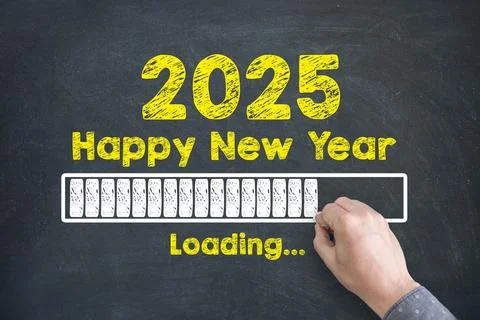 Happy New Year 2025 countdown with loading bar on chalkboard background Foto stock