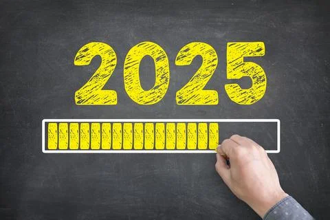 Happy New Year 2025 countdown with loading bar on chalkboard background Stock Photos