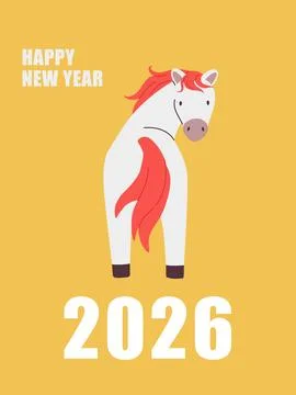 Happy new year 2026 card with a cute horse on yellow background vector illu.. Stock Illustration