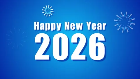 Happy New Year 2026 Text with Fireworks on Blue Background Stock Footage 320672615