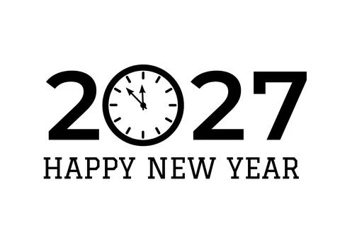 Happy New Year 2027 with clock. Holidays typography poster. Vector template.. 库存插图