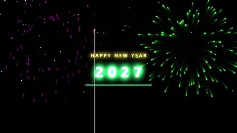 Happy New Year 2027 Neon Color Changing Numbers and Fireworks Loop Stock Footage 345241053