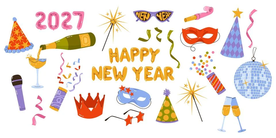 Happy New Year 2027 party celebration set with hats disco ball champagne spar Stock Illustration