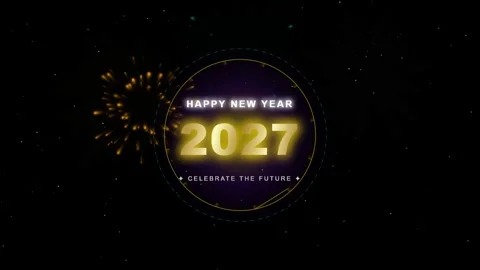 Happy New Year 2027 Sci-Fi HUD Circle and Fireworks Celebration Loop Stock Footage 344682815