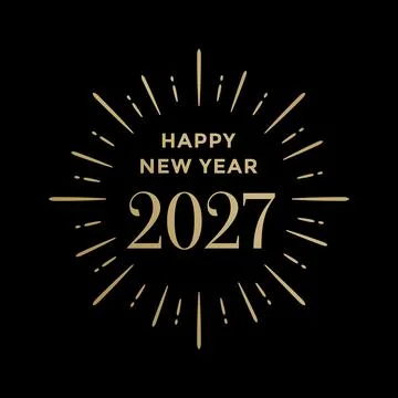 Happy New Year 2027. Vector gold emblem with festive bursts on black backgr.. Stock-Illustration