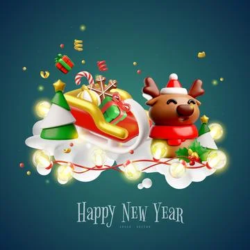 Happy New Year 3D plastic style vector poster design, cartoon Christmas deer 스톡 일러스트