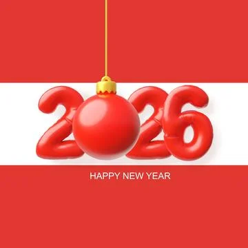 Happy New year 3D vector design, realistic red inflated balloons 2026 date Stock Illustration