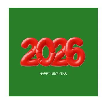 Happy New year 3D vector design on green background, red inflated balloons 2026 Stock Illustration