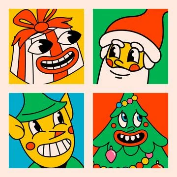 Happy New Year and Merry Christmas retro cartoon postcard. Christmas cards in イラスト素材